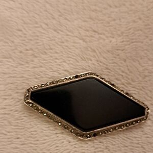 Sterling And Black Onzx And Marcacite Lapel Pin